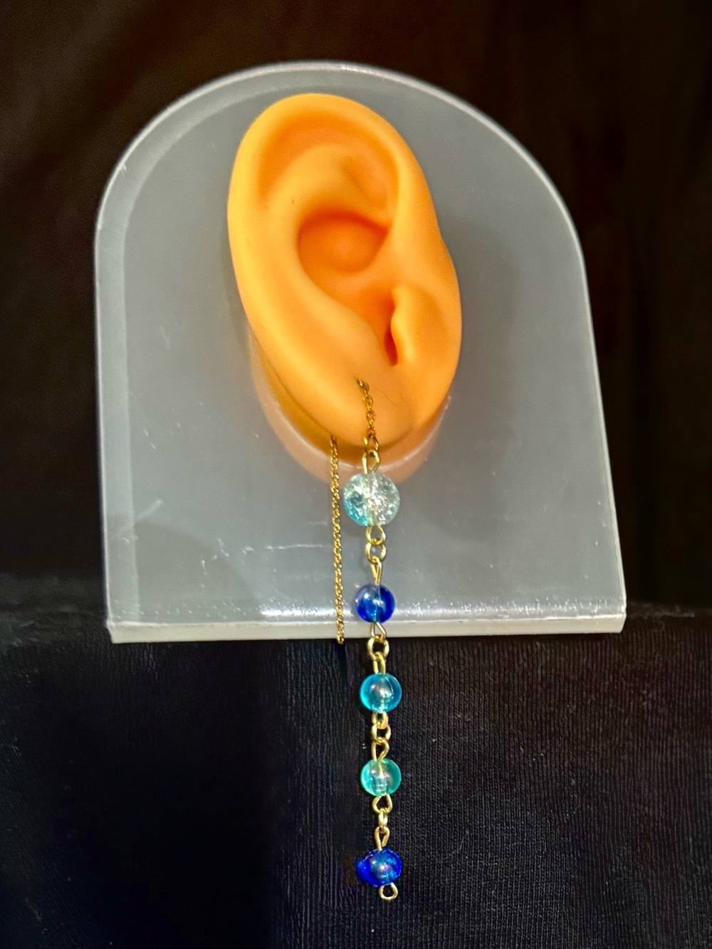 Gold Chain Threaded Earrings with Blue Beads